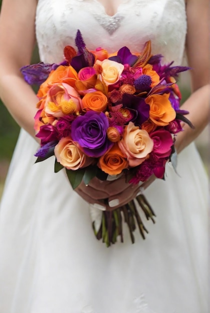 Невеста держит потрясающий яркий свадебный букет цветов