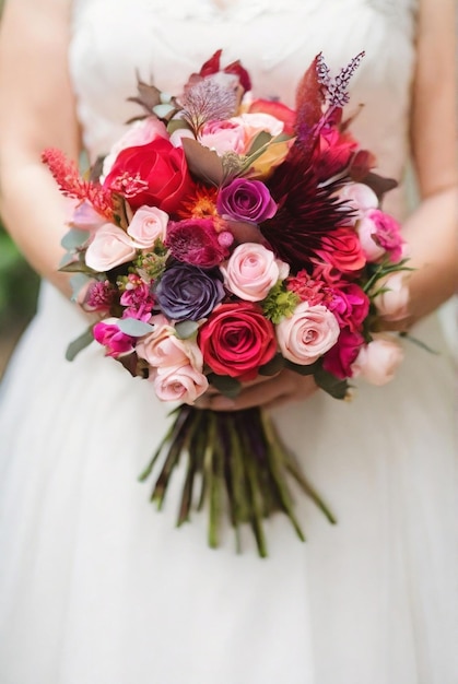 Bride holding a stunning vibrant wedding flowers bouquet