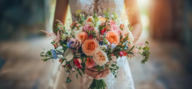 Bride holding vibrant floral bouquet