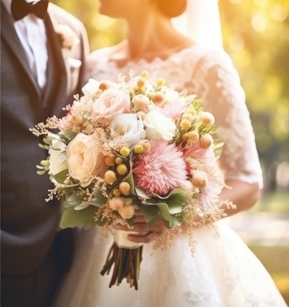 Bride holding a wedding bouquet of flowers Wedding gold rings Bridal wedding dress Hand of a girl with a bouquet of flowers flowers on the wedding day