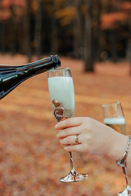 Bride holding wedding champagne glasses the couple holding glasses of champagne