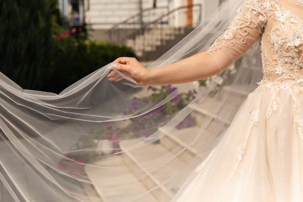 Bride holding wedding veil at wedding day