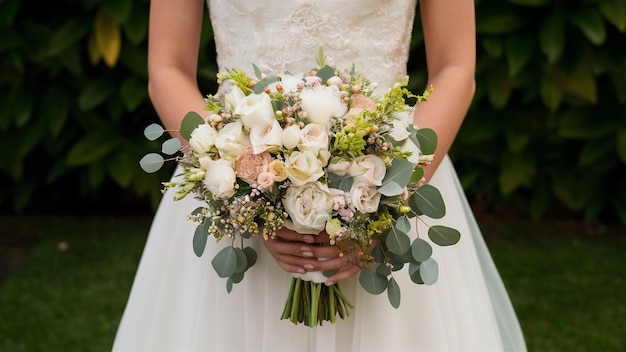 Bride holds the beautiful bridal bouquet close up