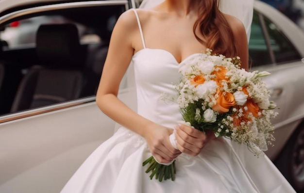 A bride holds a bouquet of flowers in front of a car.