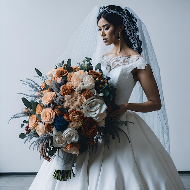 A bride holds a bouquet of flowers in front of a white wall.