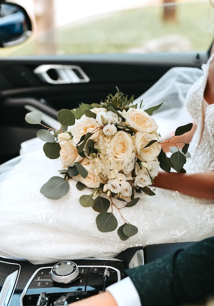 a bride holds a bouquet of flowers in her hand