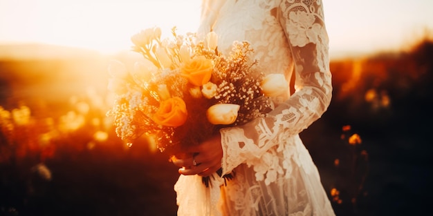 Foto una sposa tiene un mazzo di fiori al tramonto.