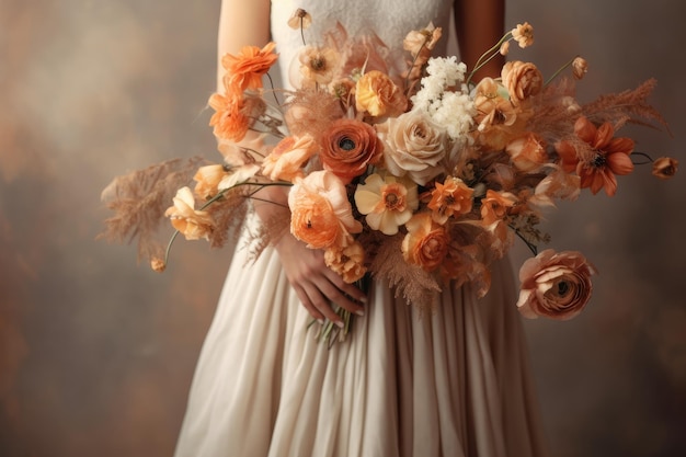 A bride holds a bouquet of flowers.