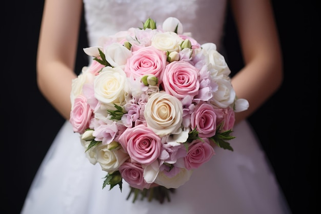 The bride holds a bouquet of white and pink flowers