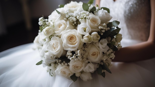 A bride holds a bouquet of white roses.