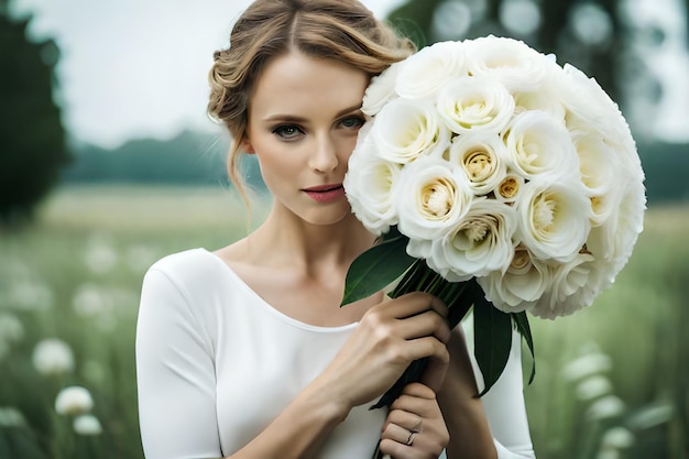 The bride holds a bouquet of white roses.