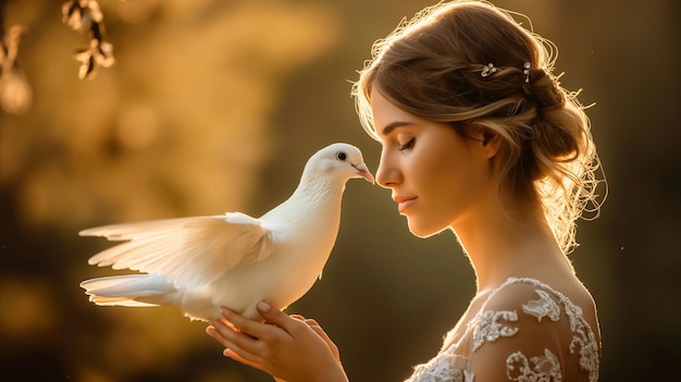 Photo a bride holds a dove in her hands