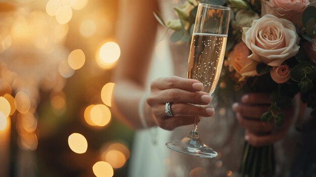 the bride holds a glass of champagne closeup