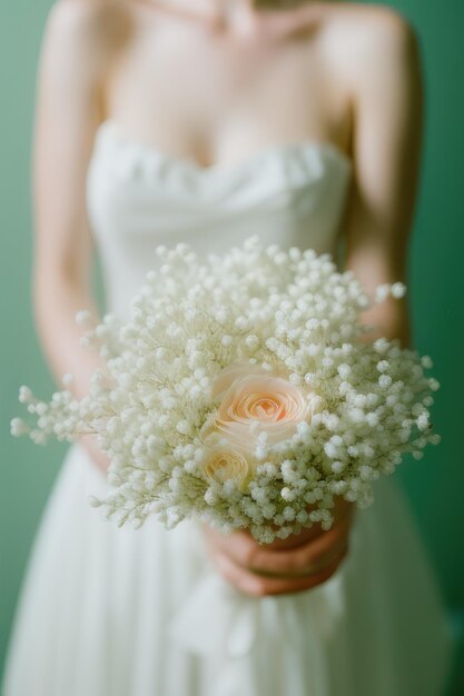 A bride holds her bouquet of roses and roses.