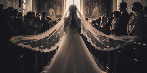 a bride holds her veil while people watch during the wedding ceremony