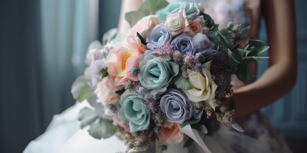 Фото Невеста держит в руках прекрасный свадебный букет роз и других цветов