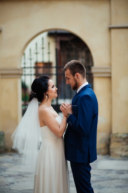 Bride hugging in the square