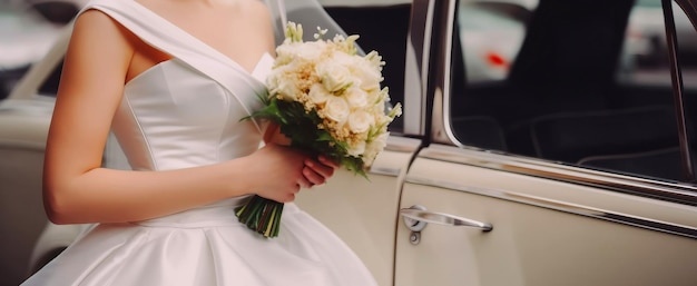 A bride is holding a bouquet of flowers.
