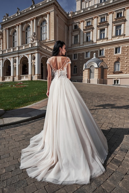 Bride near the castle. Bride in a wedding dress near the castle in the nature.