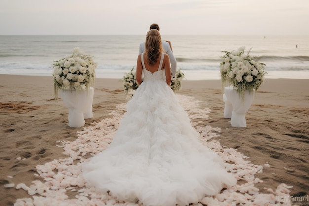 웨딩 아치 근처 신부입니다. 해변에서의 현대적인 결혼식