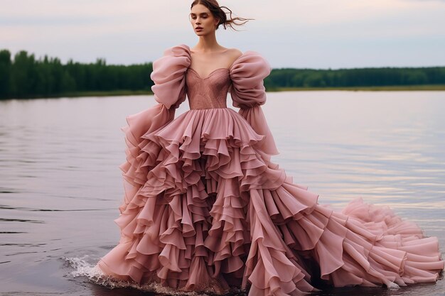 A bride in a pink wedding dress