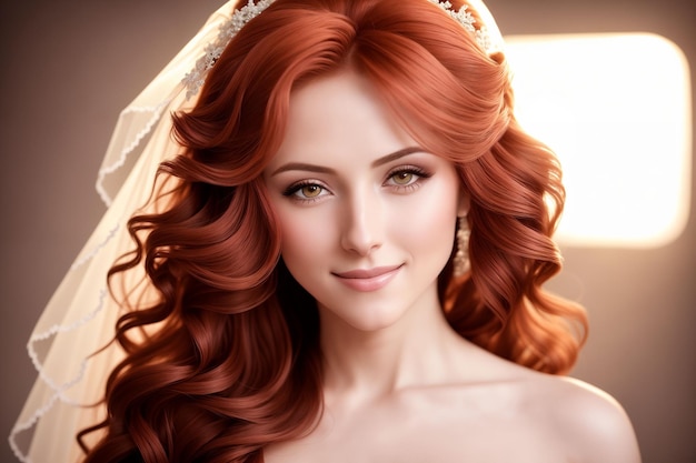 Bride portrait A beautiful woman with a veil and a white dress looks at the camera Generative AI