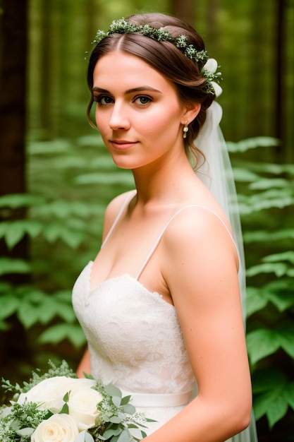 A bride poses in the forest.