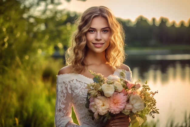 A bride poses for a photo in front of a lake.