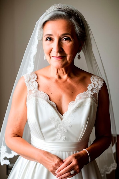 A bride poses for a photo in her wedding dress.