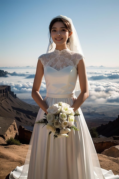 a bride poses for a photo on a mountain.