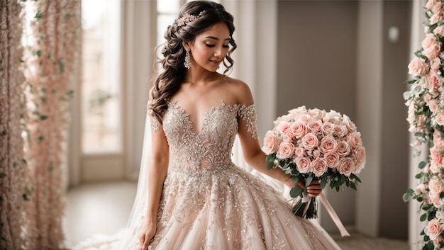 バラの花束が付いた、きらめく装飾が施されたストラップレスのウェディングドレスを着てポーズをとる花嫁