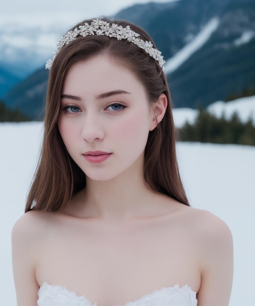 A bride poses in the snow in a white dress