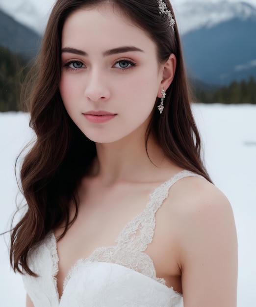 A bride poses in the snow in a white dress