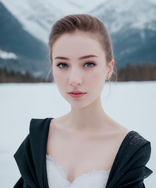 A bride poses in the snow in a white dress