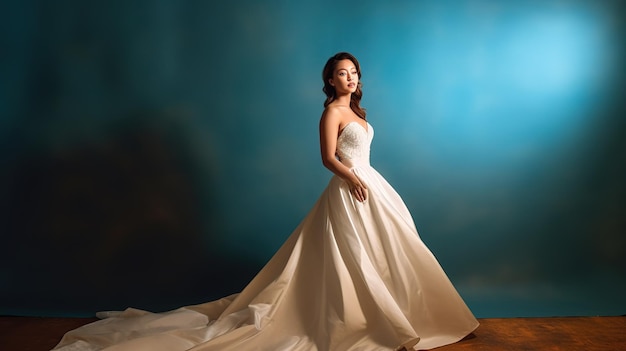 A bride poses in a wedding dress in front of a blue backdrop.