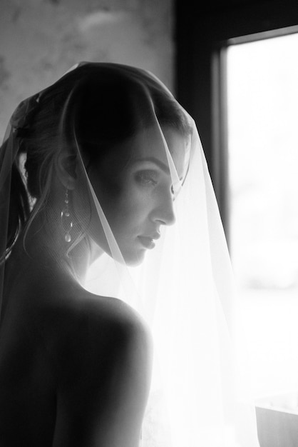 Bride posing close up in a veil