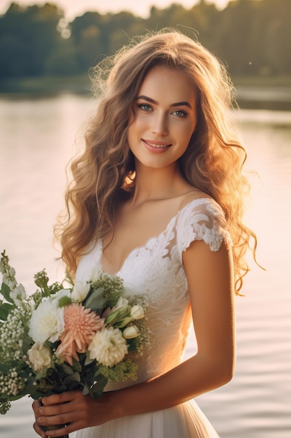 湖の岸でポーズをとる花嫁