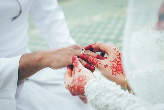 Bride putting ring on her husband hand