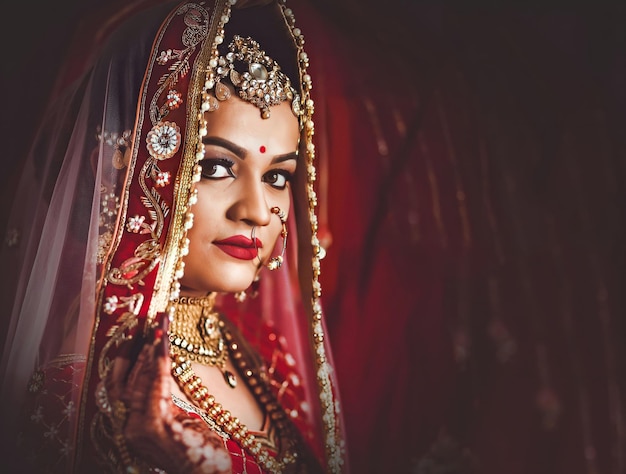 A bride in a red veil and gold jewelry