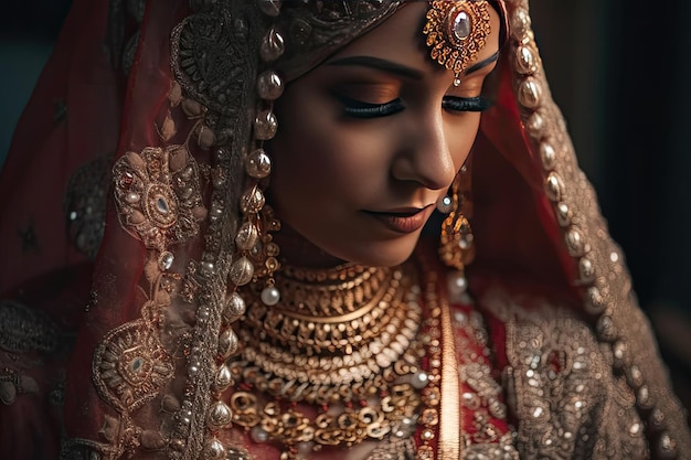 A bride in a red wedding dress with gold jewelry Generative Ai