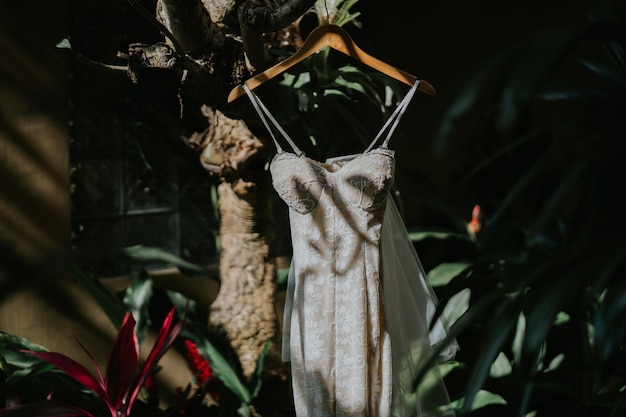 A bride's dress hangs from a tree in a tropical setting