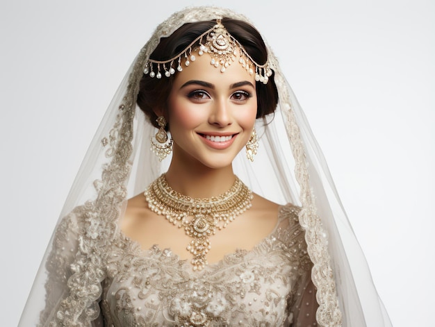 Искренняя улыбка невесты и ансамбль на белом фоне, олицетворяющий любовь и свадебное торжество