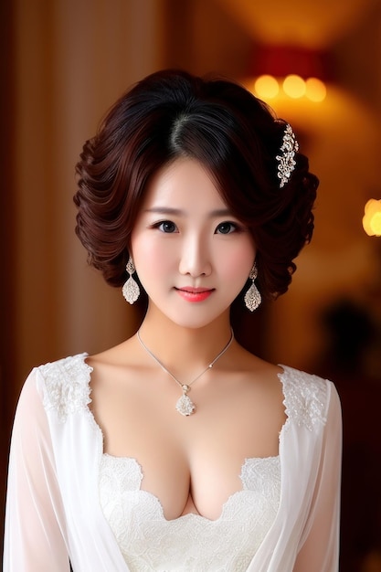Волосы невесты собраны в пучок, а на волосах невесты белое платье.