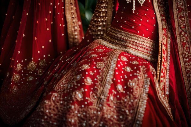 Premium AI Image | The bride's red and gold wedding dress is decorated ...