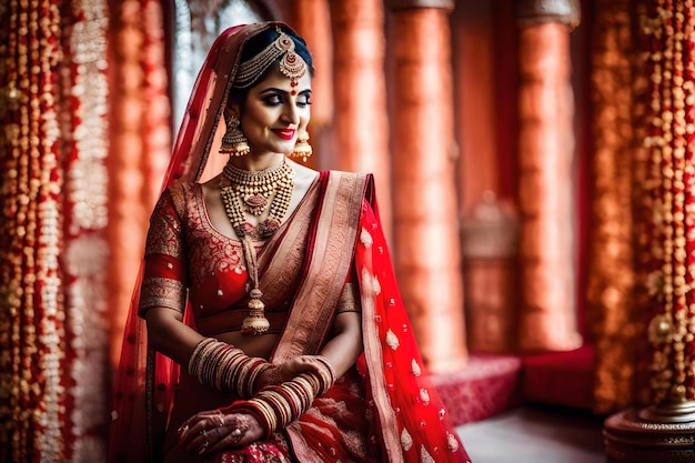 A bride in a sari sits in a temple.