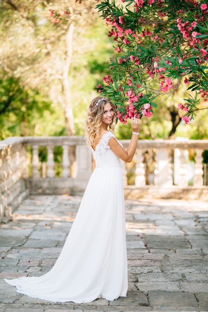 A bride on the site near the ancient church in Prcanj, sniffing pink flowers on the lush branches of