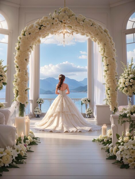 a bride standing in a wedding ceremony with a view of the ocean