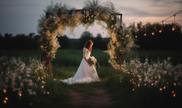 A bride stands under a floral arch at sunset.