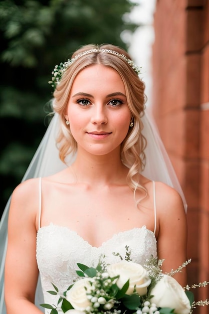A bride stands in front of a brick wall and smiles at the camera.