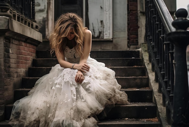 Photo a bride on the steps of a building in the style of emotional sensitivity
